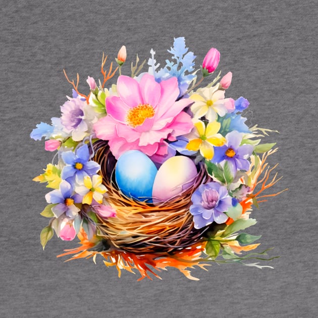 Nest of bird with eggs and flowers by linasemenova